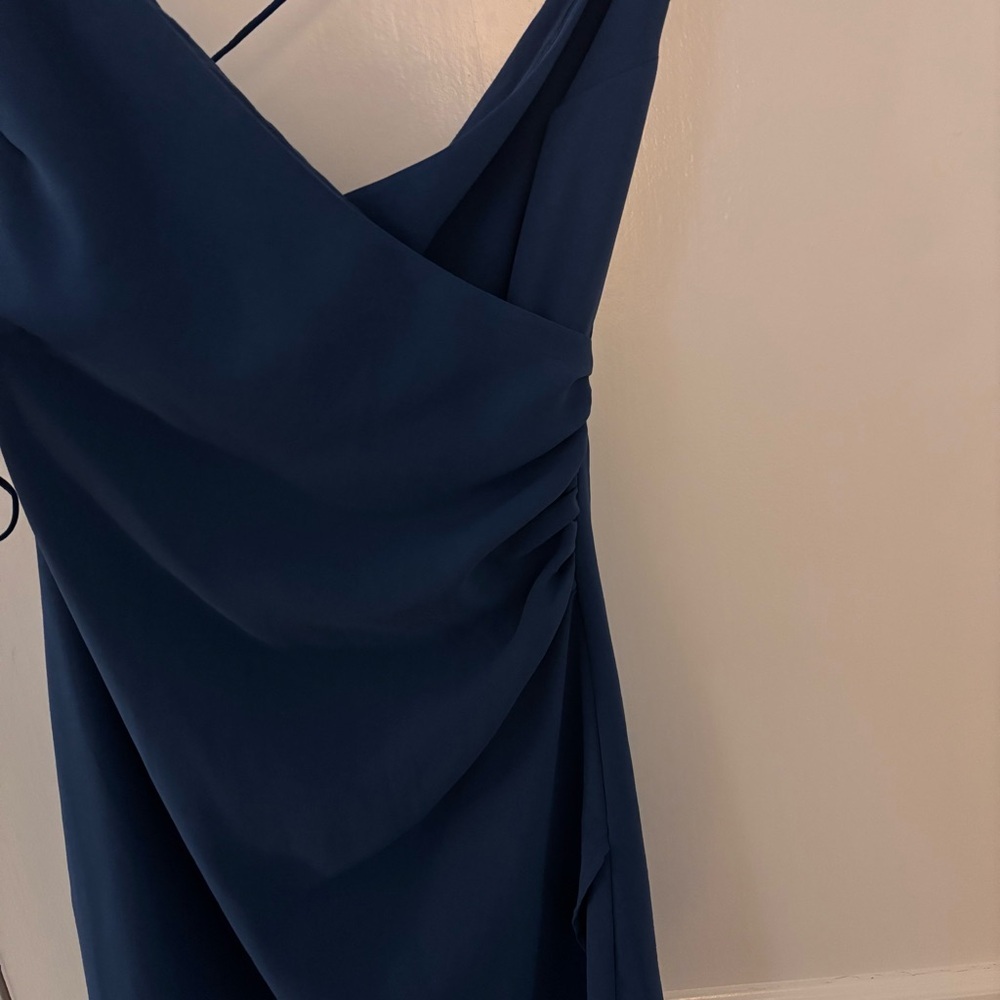 Lulu's V-Neck Knee Length Dress with Fold-Over Slit (Blue/Green) - Picture 3 of 11